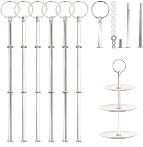 Lot de 6 Supports à Gâteaux Argentés, Présentoir à Gâteaux Tiges, Métal Présentoir Dessert, Ensembles Support Présentoir, pour Gâteau de Mariage Tartes Support à Fruits Assiettes à Collation 3 étages