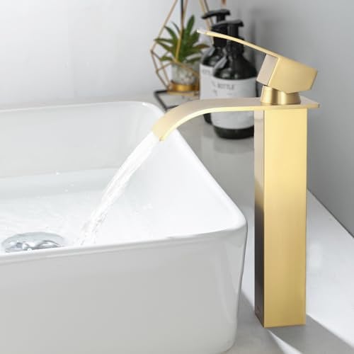 ONECE Robinet Vasque à Poser Cascade, Mitigeur Doré pour Vasque, Robinet Salle de Bains Doré en Acier Inoxydable, Robinettrie de Lavabo Haut, Cartouche Céramique