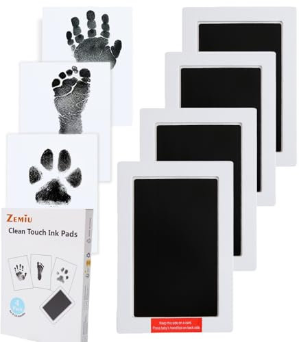 Zemiu Fußabdruck Handabdruck Baby Set,Baby Abdruck Set Ideale Größe bis zu Baby 0-18 Monaten 10cm x 15cm, 4 Pcs Clean Touch Stempelkissen für Neugeborene/Baby Shower-Schwarz