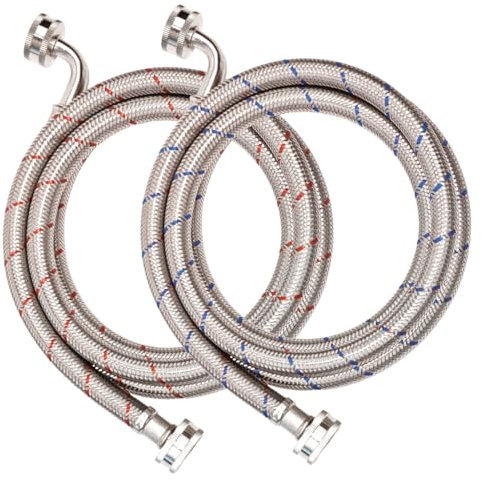 PLUMBINGMASTER 4FT Stainless Steel Washing Machine Hoses,2 Pack Red and Blue Washer Hoses with 90 Degree Elbows,Burst Proof Hot & Cold Water Connection Inlet Washer Supply Lines