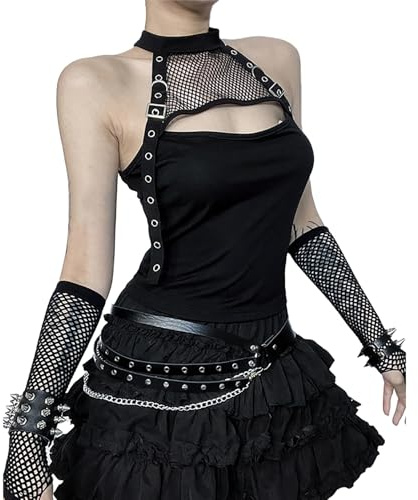 Damen Y2k Gothic Cami Crop Top Ärmellos Aushöhlen Sexy Tank Tops Camisole Clubwear Outfit Cyberpunk Rückenfrei Weste