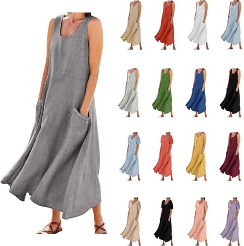 Uwdiohq Sonderangebote Restposten Kleid Für Frauen Weise Beiläufige Feste Baumwolle Leinen Kleid Ärmellos Mit Tasche Lose Kleid Tank Maxikleid Strandkleid Kurzarm Mein Bestellung Sale