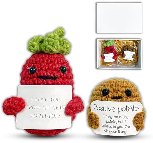Positive Potato Set, Positve Tomato, Positive Bachelor, Mini-Plüsch Potato Puppe, Abschiedsgeschenk Kollegen, Freundin Geschenk,Positive Pocket Hug, Umarmung, Mutmacher, Glückbringer (Braun/Rot)