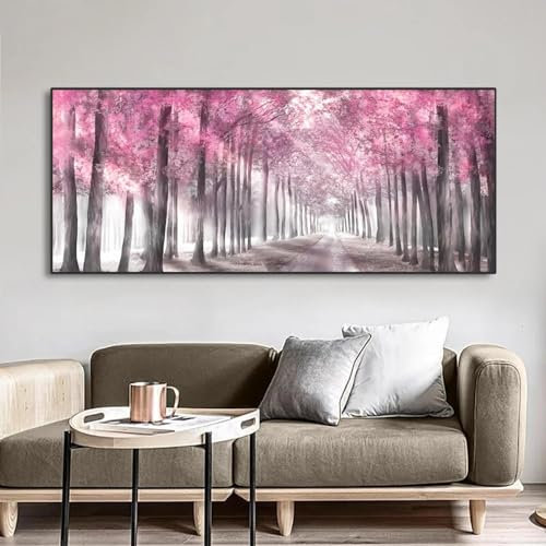 CHAOJIART Toile de peinture scandinave avec ombre de soleil, arbres roses, paysage, chemin forestier, images murales pour décoration de chambre à coucher, 70 x 140 cm (28 x 55 pouces) sans cadre