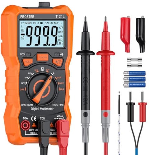Proster Multimetro Digitale 6000 Conteggi 10A 600V TRMS Auto Range Rilevatore NCV Misuratore di Tensione Corrente DC AC Temperatura Capacità Resistenza Diodo Test di Continuità Induttanza Aggiunata