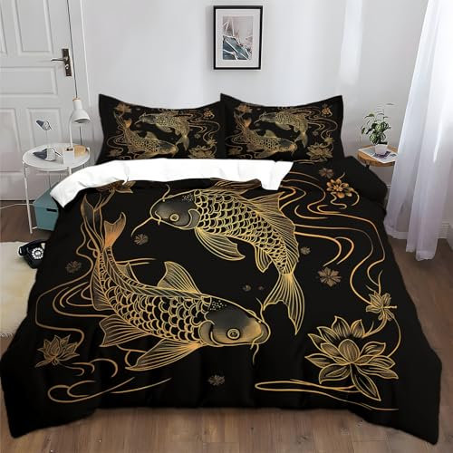 Bettwäsche-Sets 135x200cm Goldene Strichzeichnung Fisch Schwarz Bettwäsche 3 Teilig, Weich Atmungsaktiv Polyester-Baumwolle Bettbezug Set mit Reißverschluss, 2 Kissenbezüge 80x80 cm