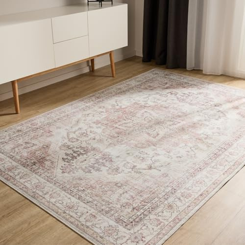 benuta Basic Waschbarer Teppich George - Rosa/Beige 240x340 cm - Kunstfaser - Rechteckig & im Style: Vintage, Elegant, Retro - Pflegeleicht für Wohnzimmer Schlafzimmer