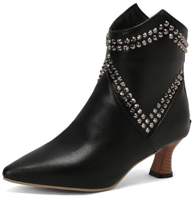 FQMAYPO Damen Stiefeletten Spitzer Zehe Nieten Reißverschluss Hinten Bequeme Chelsea Boots Einfache Dress Stiefeletten Mittelhohem Absatz Kurze Chunky Heel Boots Biker Boots,Schwarz,44 EU