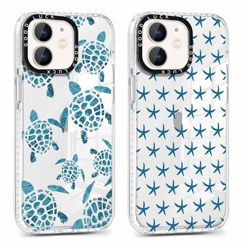 Foonary 2 Pack Clear Turtle Print Phone Case for iPhone 12/iPhone 12 Pro 6.1, Starfish Design Aesthetics Transparent Pattern Soft Silicone Cases,Shockproof Bumper Protector Girls Cover, for iPhone 12