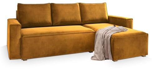 Masseno Ecksofa SILES mit Schlaffunktion L-Form, Sofa mit Bettkasten, Wohnzimmersofa, Couch, Soffa, Bettsofa, Couchgarnitur- Gelb, Monolith 48