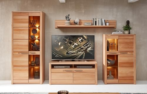 möbelando Wohnwand >Nature One< Komplett-Set, 4 teilig, in Kernbuche Teil-massiv FSC-Zertifiziert - Moderne Schrankwand mit LED-Beleuchtung für Ihr Wohnzimmer - 330 x 203 x 45 cm (B/H/T)