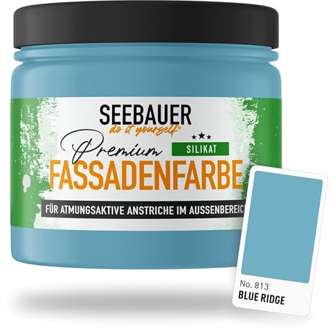 SEEBAUER diy Silikat-Fassadenfarbe Blau 300ML für Außen (No. 813 Blue Ridge) Atmungsaktive Mineralfarbe für Fassaden - Geeignet für Putz, Mauerwerk und Beton