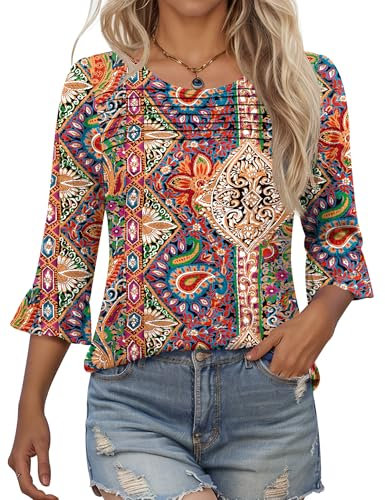 Kistore Womens Tops 3/4 Sleeve Women Crew Neck T Shirt Dressy Blouse Elegant Half Sleeve Shirts for Women Trendy Elbow Length Plus Size Top XL