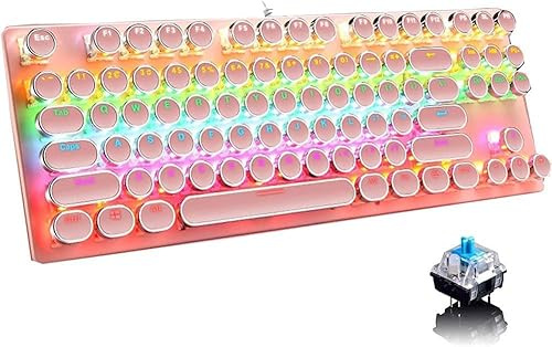 Hisxus Mechanical Gaming Pink Keyboard,87 Key Retro Punk Typewriter-Style,Blue Switch RGB Backlit Keyboard,Anti-Ghosting, USB Wired, for PC Laptop Desktop Computer, for Game and Office