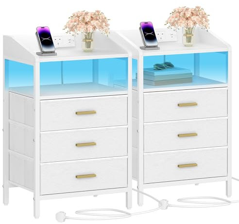 Hzuaneri Bedside Tables Set of 2 with LED Lights and Charging Station, Bedside Cabinet with 3 Fabric Storage Drawers and Shelves, Nightstand with USB Ports&TypeC for Bedroom, Livingroom,White NS35513W