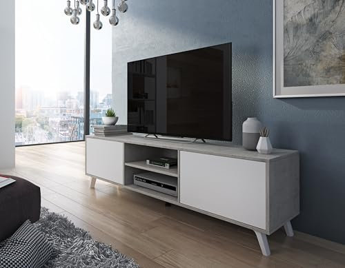 Arreditaly Mobile TV Moderno Con 2 Ante Battenti Ripiani Centrali Aperti Gambe Design Scandinavo Per Televisori fino a 75” 180 x 39,6 x 49 Cm Grigio Cemento E Bianco