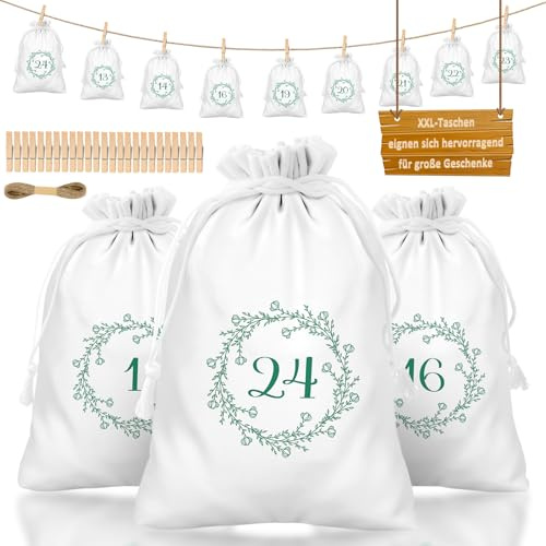 Ruibinlee Premium XXL Adventskalender zum Befüllen,24 Beige Stoffsäckchen Adventskalender in 2 verschiedenen Größen Adventssäckchen, Inklusive Holzklammern und Kordel für Weihnachten