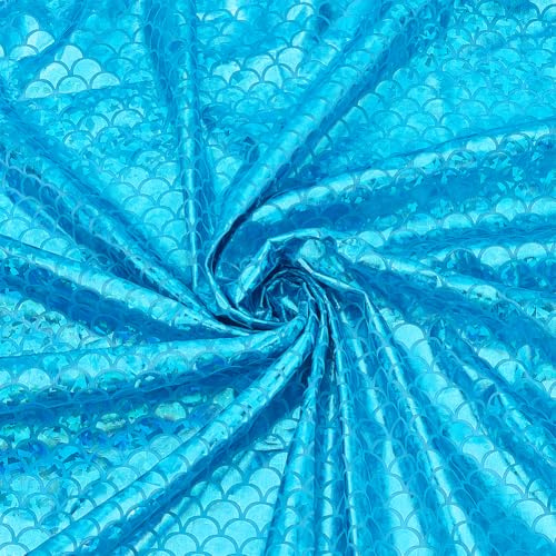 PH PandaHall 1.6m Breiter Schillernder Meerjungfrauen Stoff Glitzernder Fischschuppen Stretchstoff 1m Glitzernder Fischschuppen Druckstoff Spandex Stoffe Für Kleider DIY Kostümdekoration Himmelblau