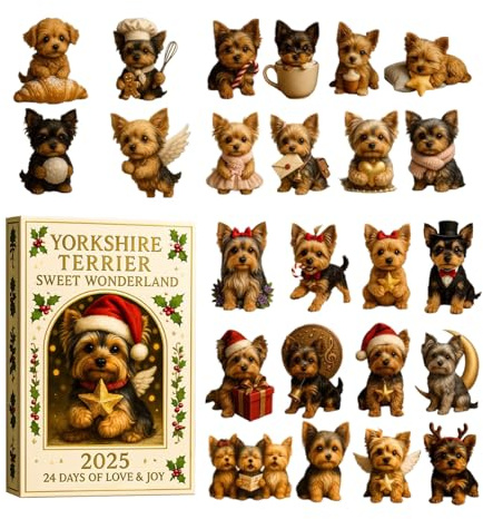 Yorkshire Terrier Adventskalender 2025 | 24 Tage Hunde Anhänger Weihnachtskalender 2025 | 2D Welpen Ornamente Weihnachten Countdown Kalender | Süß Tier Weihnachtsbaumschmuck Deko für Hundeliebhaber