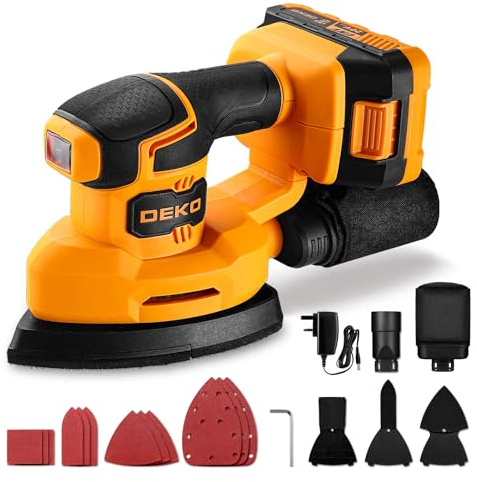 Cordless Mouse Sander for Wood: DEKOPRO 20V Detail Sander with Dust Collector and 2.0Ah Battery 13000 RPM, 3 Attachments 12PCS Sandpapers - Compact & Ideal for Tight Space Sanding Yellow-Black