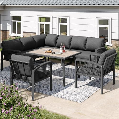 ZIDEY Gartenlounge Set, Möbelset für 8 Personen, Gartenmöbel mit esstisch, mit verzinktem Eisengestell, verstellbare Beine, Balkonmöbel mit Sitz- und Rückenkissen, grau