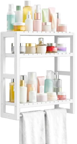 M.J COMFY-LIFE Bamboo Bathroom Shelf Storage – Adjustable 3-Tier Wall-Mounted Over Toilet Rack, Space-Saving Bathroom Organizer Shelf for Towels, Toiletries & Decorative Items (White)