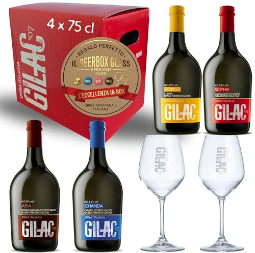 BEERBOX GLASS base - Birra artigianale 4 bottiglie da 75cl e 2 bicchieri, birre artigianali confezione regalo, Birra artigianale Italiana non filtrata e non pastorizzata