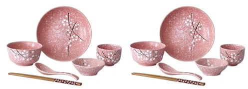 UTHCLO Set de Vaisselle Japonaise en Céramique Rose 12 Pièces Kit de Couverts Pratiques pour Manger des Nouilles Service Unique Maison Fêtes