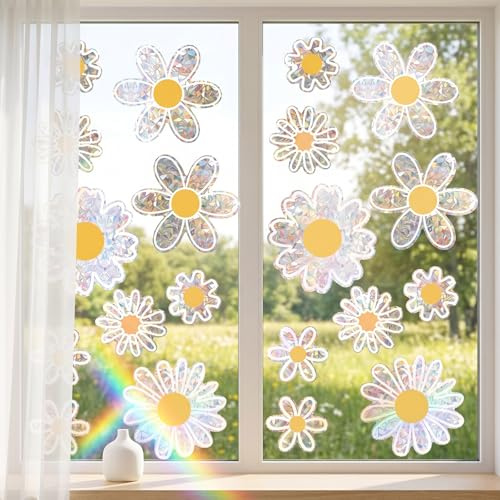 Fensterbilder Selbstklebend Blumen 20 Stück – Bunte Fensterfolie mit Regenbogenreflexion, Prisma Fensteraufkleber als Vogelschutz & Sonnenfänger, Fenstersticker Frühling für Glasfenster