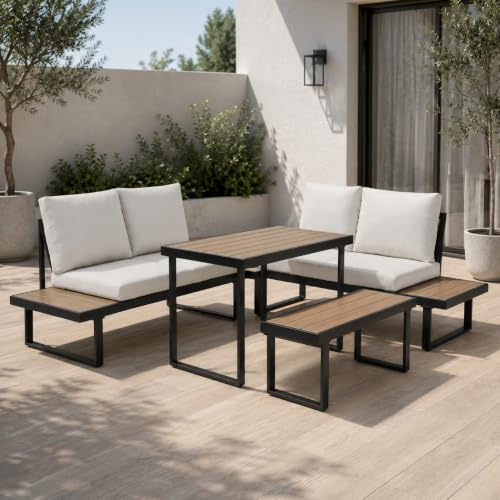 Home Collective Gartenmöbel Set Balkonmöbel Lounge Möbel Outdoormöbel | 4-teilig Ecklounge | 2 Sofas 1 Bank 1 Tisch 110 cm | abziehbare Kissen in beige, Polywood | Garten Terrasse Balkon | Schwarz