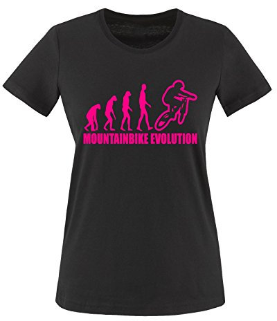 Comedy Shirts - Evolution Mountainbike - Damen T-Shirt Schwarz/Pink Gr. XXL