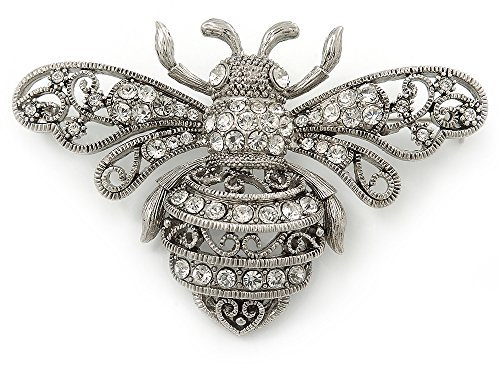 Grande broche « Abeille » argentée en filigrane, cristal de Swarovski, 70 mm de large