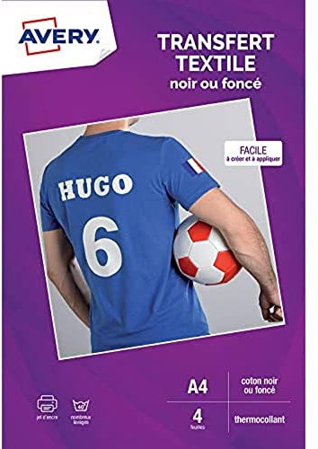 AVERY - 4 Transferts Personnalisables pour Textiles Noirs ou Foncés - Format A4 - Impression Jet d'Encre