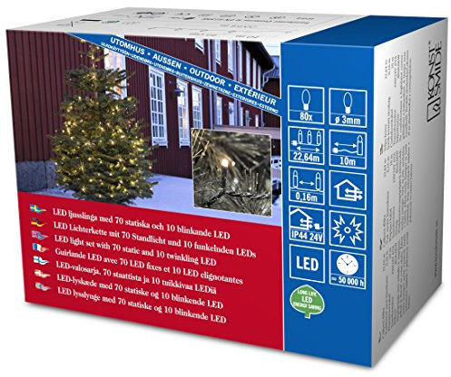 Konstsmide Christmas Lights/LED Fairy Lights Shimmering/Christmas Tree Lights Outdoor or Indoor (IP44)/24V Transformer Plug In/70 Ice White Diodes and 10 Twinkling/Black Cable String Lights 3611-140
