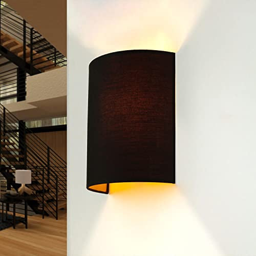Wandleuchte Schwarz Gold, Up Down Leuchte, Lampe Schlafzimmer Wand, Treppenhaus, Wandleuchte Stoff, H:23 cm, E27, halbrund, indirekt, wohnlich, Kleine Wandlampe Innen, ALICE