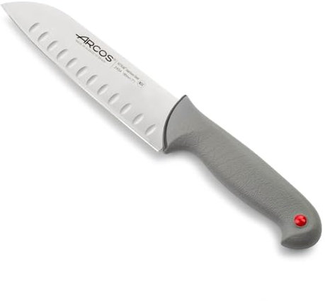 Arcos Couteau Santoku Alvéolé - Acier Inoxydable NITRUM 18 cm - Manche Ergonomique Antidérapant - Pour Viande, Poisson, Légumes - Série Colour Prof