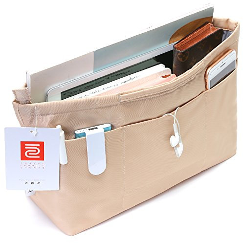iN Taschen-Organizer-Einsatz mit Reißverschluss aus Nylongewebe für Damen, Handtaschen und Tragetasche, beige. Größe: Größe L: 39,9 cm (oben)/31 cm (unten) L × 12,4 cm B × 25,4 cm H