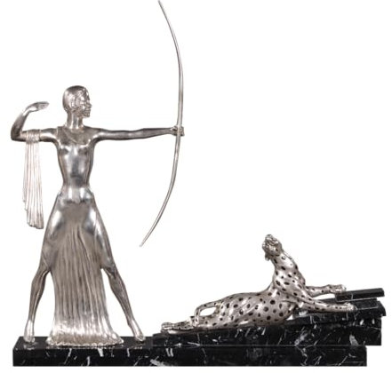 Casa Padrino Bronzefiguren Diana mit Bogen und Leopard auf Marmorsockel Silber/Schwarz 85 x 13 x H. 82 cm - Luxus Deko Diana Göttin der Jagd