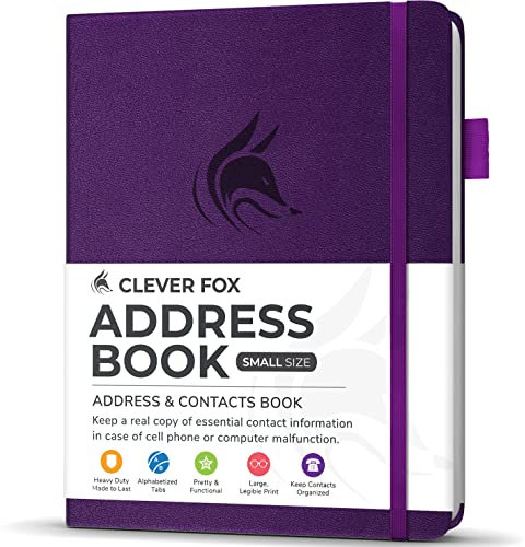 Clever Fox Adressbuch mit alphabetischen Registerkarten – Telefon- und Adressbuch aus PU-Leder, zur sicheren Aufbewahrung von Kontakten, Kontakt-Organizer, Tagebuch, kleine Größe (10,5 x 14 cm),