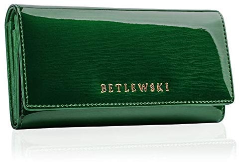 BETLEWSKI - Geldbörse für Damen aus Leder - RFID Blocker Karten Portemonnaie - Geldbeutel Mittelgroß - Lackierte Natur Ledergeldbörse mit vielen Kartenfächer und Münzfach in Grün- 10 x 18 x 4 cm