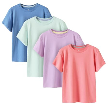 LAPASA Lot de 4 T-Shirts Enfant Garçon et Fille 100% Coton Couleur Uni Manches Courtes Col Rond Unisexe Mixte Été K01