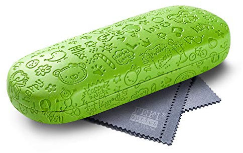 FEFI - Custodia occhiali per bambini con motivo goffrato e panno per la pulizia degli occhiali in microfibra, verde, S