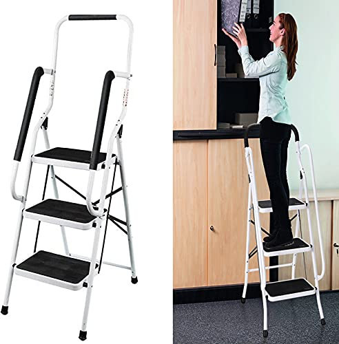 Scaletta pieghevole, scala in acciaio a 3 gradini con corrimano di sicurezza e battistrada antiscivolo, scala pieghevole portatile,capacità massima 150 kg, scala a gradini per ufficio, casa, giardino