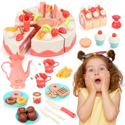 kramow Geburtstagstorte für Spielküche und Kaufmannsladen, Kinderküche Zubehör Geschenk für Kinder Mädchen ab 3 4 5 6, Küchenspielzeug, Kinder Rollenspiel