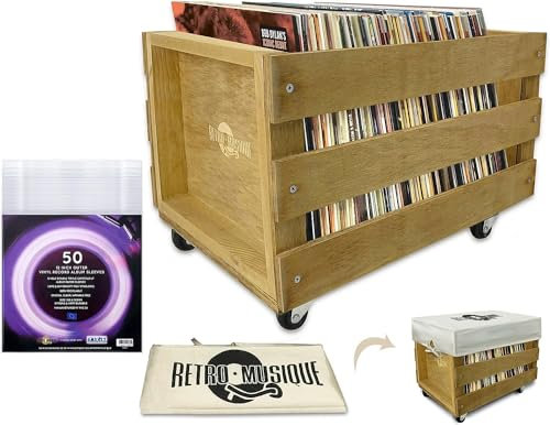 Retro Musique Wooden 12 LP Vinyl Record Aufbewahrungskiste auf Rädern Fasst bis zu 100 Alben (In PVC Sleeves) mit Hessian Cloth Cover beinhaltet 50 Vinyl Record Outer Sleeves(Teakholz Finish)