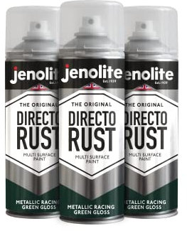 JENOLITE Directorust Peinture en aérosol métallisée brillante | VERT COURSE | Peinture multi-surfaces | Apprêt, sous-couche et finition tout-en-un | 3 x 400 ml