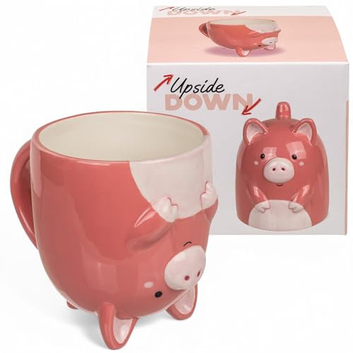 MIJOMA Upside-Down-Mug Kopfüber-Tasse – Lustiger Kaffeebecher aus Keramik – Umgedrehter Henkelbecher für Kaffee & Tee – 500 ml (Schwein)
