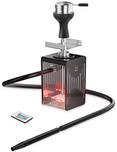 Conjunto completo de cachimba shisha - Kitosun portátil viajar shisha con bolsa Incluir HMD tazón de funnel manguera de silicona bandeja de cenizas luz LED Soporte 2 manguera (Acero Inoxidable)