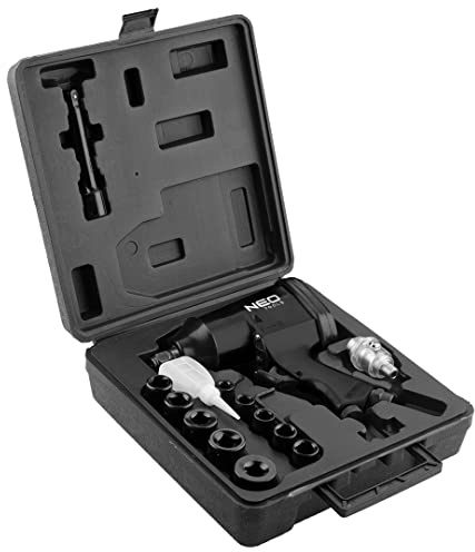 NEO TOOLS Druckluft-Schlagschlüssel, 1/2, 314Nm, Arbeitsdruck 6-8 bar | Entnahme 230 l/min, 7000 m⁻¹, +/- 10%, Aufsätze: 10 St, Verlängerung, Mini-Öler, Transportkoffer