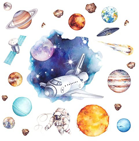 nikima Schönes für Kinder 239 Wandtattoo Weltraum Planeten Astronaut Aquarell Größe 750 x 420 mm - in 6 Größen - Kinderzimmer Sticker Wandaufkleber Wandsticker Wanddeko Wandbild